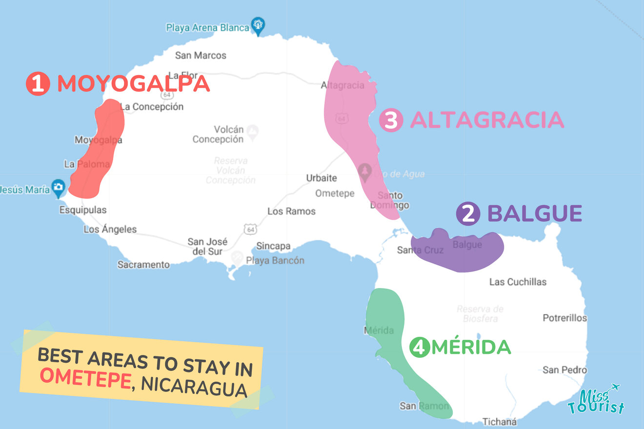 Map of best places to stay Ometepe